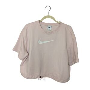 NIKE Cropped Oversize Short Sleeve Sweatshirt Embroidered Women Pink Size Large